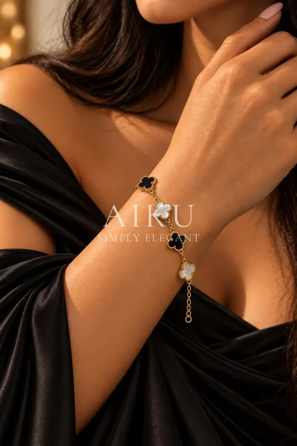 Black & White Clover Bracelet worn by a model