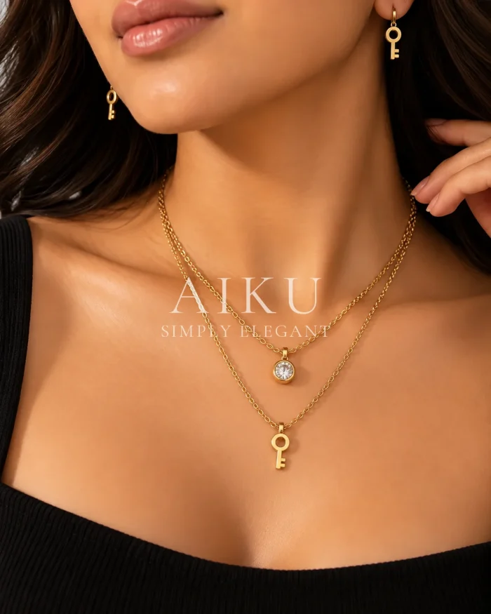 Crystal Key Layered Necklace worn by a model