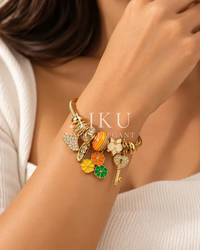 Flower Charm Cuff Bracelet worn by a model