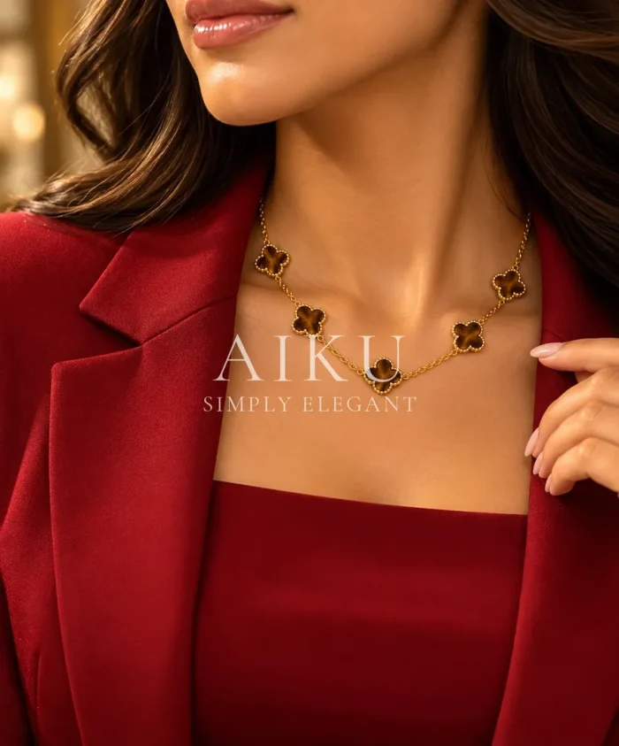 Goldish Brown Clover Necklace worn by a model
