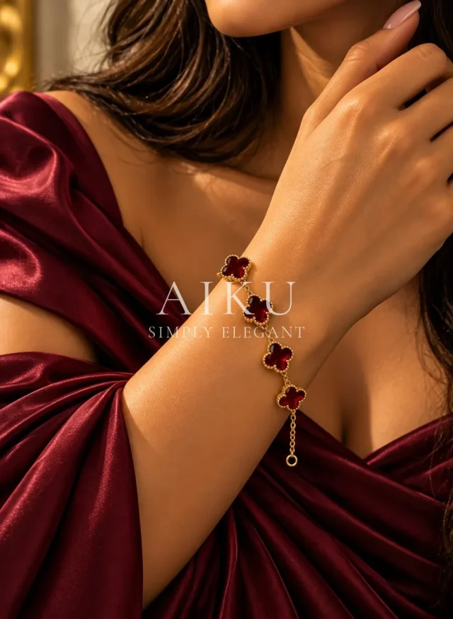 Maroon Clover Bracelet worn by a model