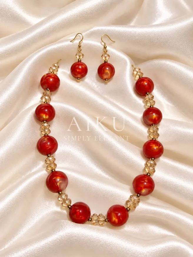 Red Marble Bead & Crystal Necklace